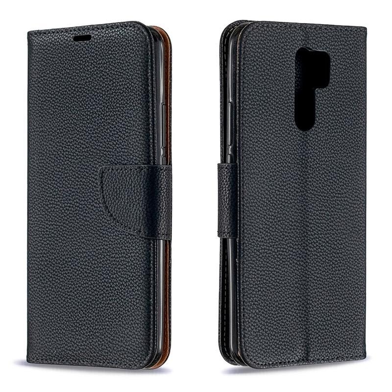 Litchi PU kožené peněženkové pouzdro pro mobil Xiaomi Redmi 9 - černé