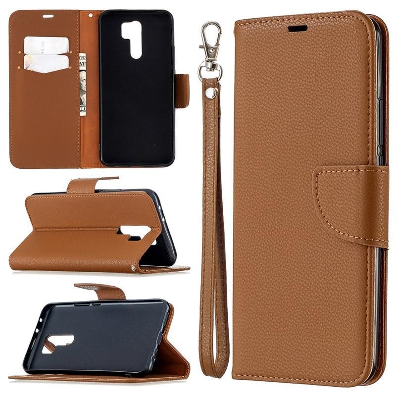 Litchi PU kožené peněženkové pouzdro pro mobil Xiaomi Redmi 9 - hnědé