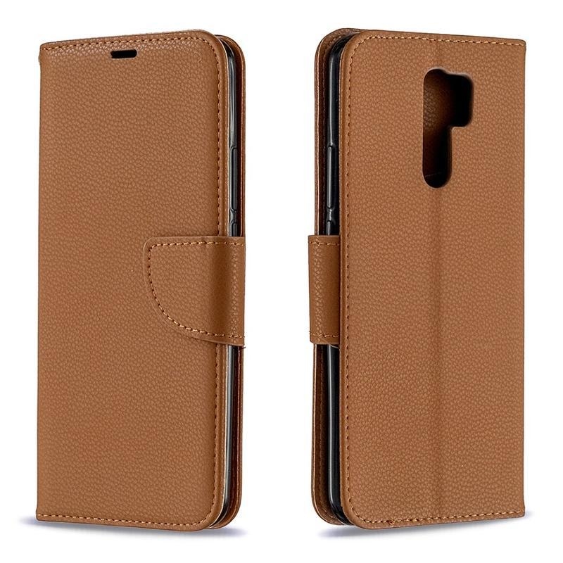 Litchi PU kožené peněženkové pouzdro pro mobil Xiaomi Redmi 9 - hnědé