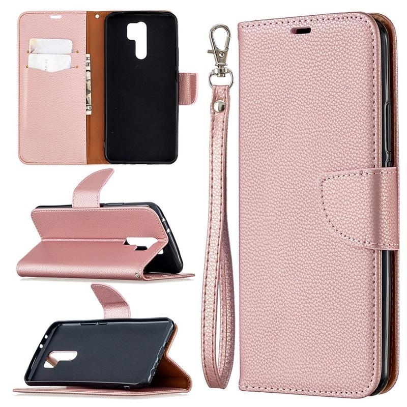 Litchi PU kožené peněženkové pouzdro pro mobil Xiaomi Redmi 9 - růžovozlaté