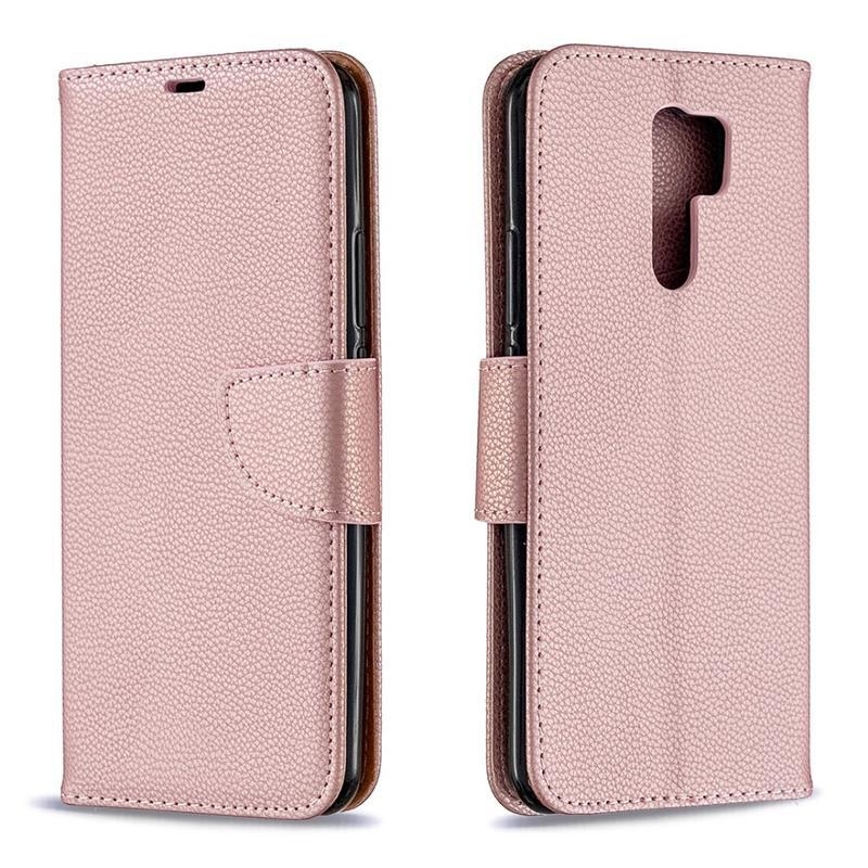 Litchi PU kožené peněženkové pouzdro pro mobil Xiaomi Redmi 9 - růžovozlaté