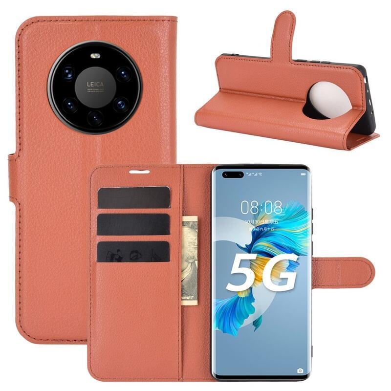 Litchi PU kožené peněženkové pouzdro pro mobilní telefon Huawei Mate 40 Pro - hnědé
