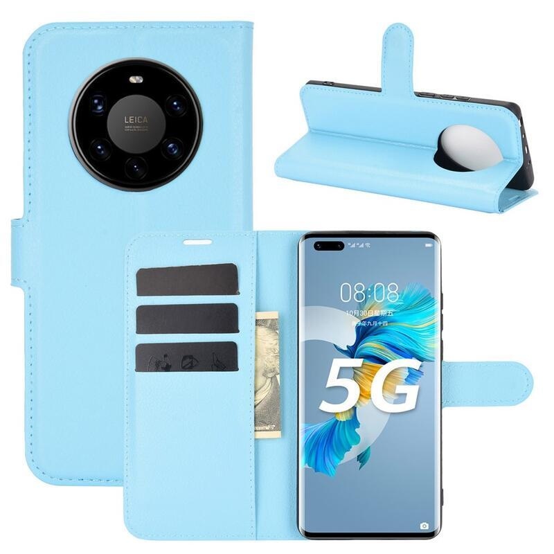 Litchi PU kožené peněženkové pouzdro pro mobilní telefon Huawei Mate 40 Pro - modré
