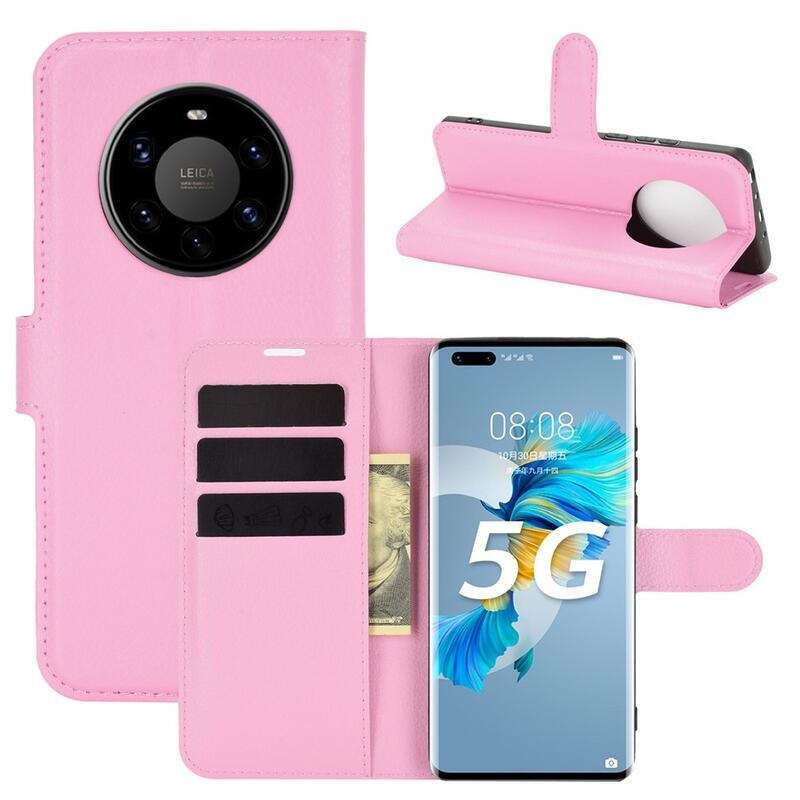 Litchi PU kožené peněženkové pouzdro pro mobilní telefon Huawei Mate 40 Pro - růžové
