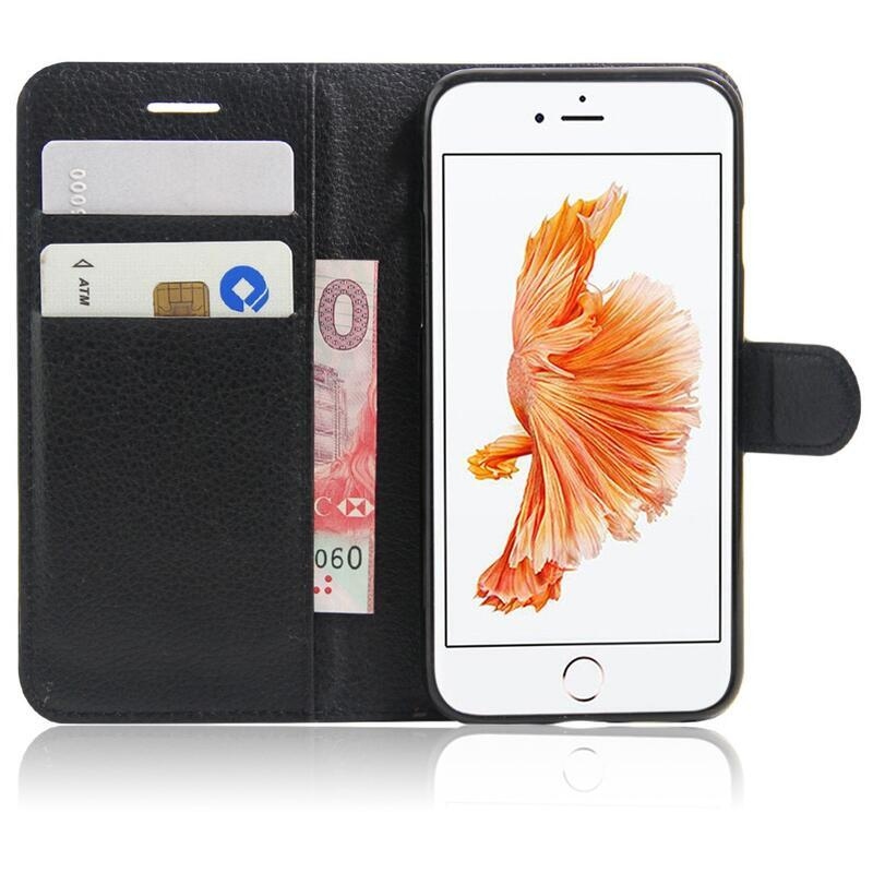 Litchi PU kožené peněženkové pouzdro pro mobilní telefon iPhone SE (2020)/7/8 - černé