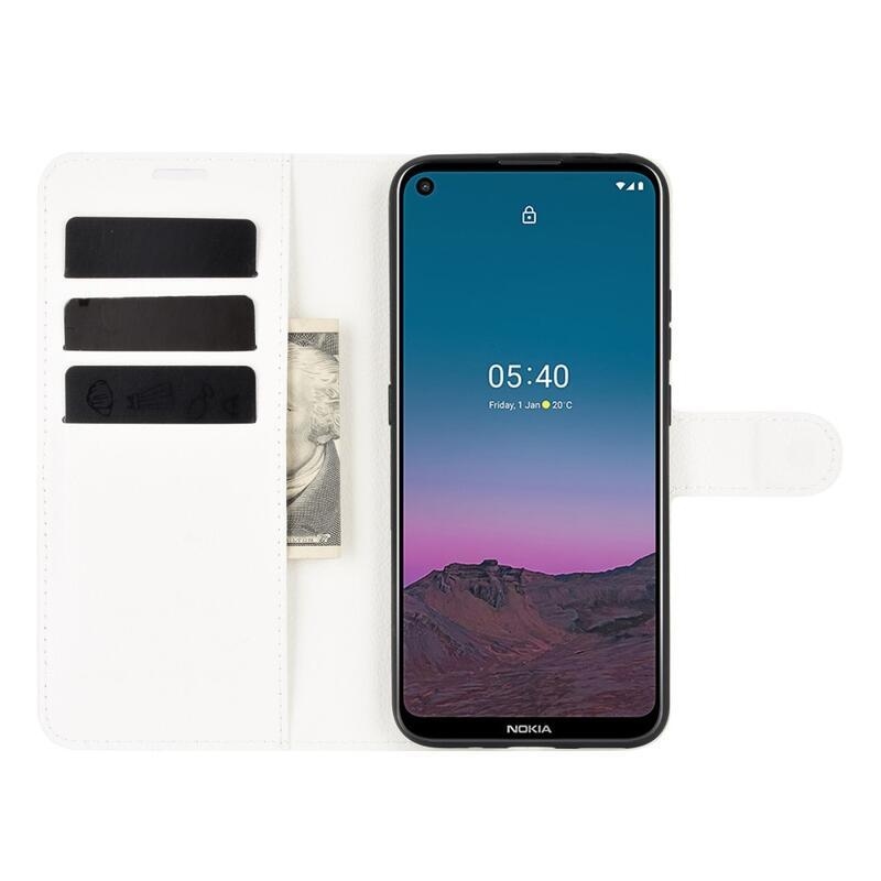 Litchi PU kožené peněženkové pouzdro pro mobilní telefon Nokia 5.4 - bílé