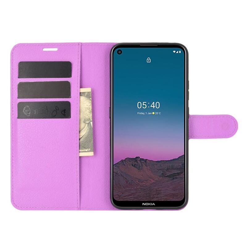 Litchi PU kožené peněženkové pouzdro pro mobilní telefon Nokia 5.4 - fialové