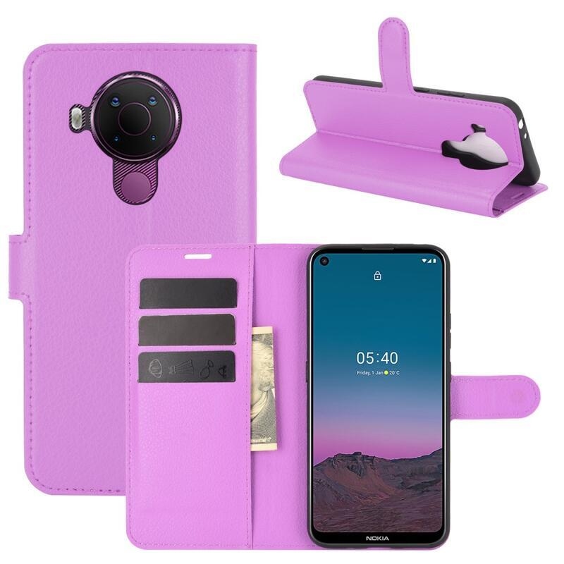 Litchi PU kožené peněženkové pouzdro pro mobilní telefon Nokia 5.4 - fialové