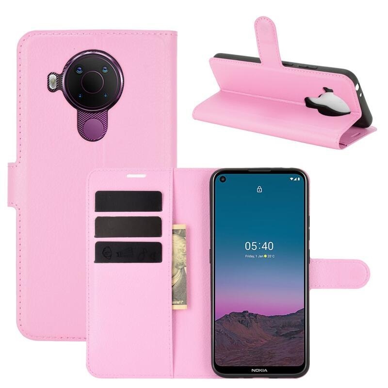 Litchi PU kožené peněženkové pouzdro pro mobilní telefon Nokia 5.4 - růžové