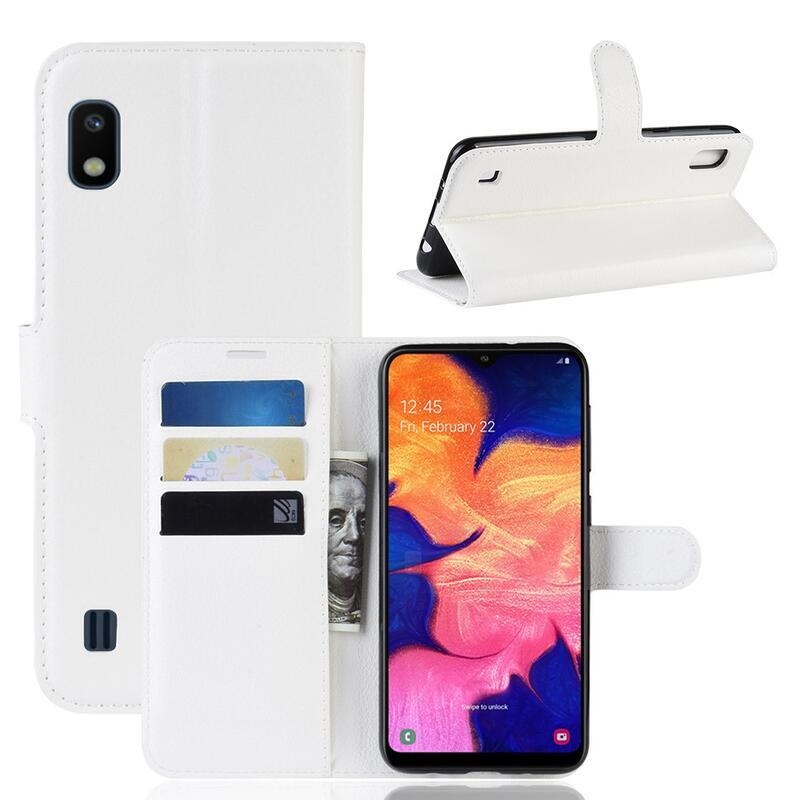 Litchi PU kožené peněženkové pouzdro pro mobilní telefon Samsung Galaxy A10 - bílé