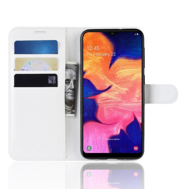 Litchi PU kožené peněženkové pouzdro pro mobilní telefon Samsung Galaxy A10 - bílé