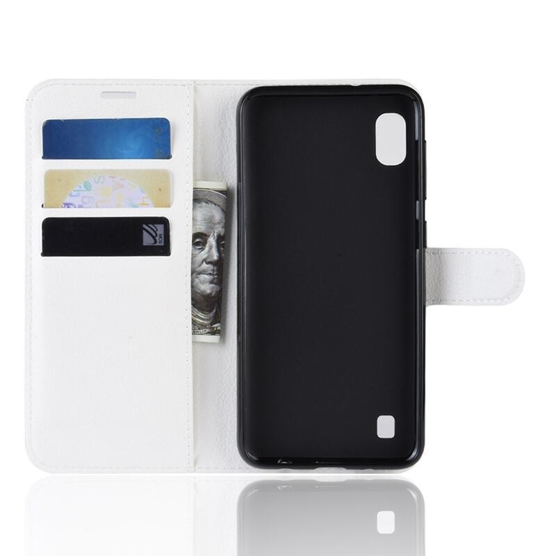Litchi PU kožené peněženkové pouzdro pro mobilní telefon Samsung Galaxy A10 - bílé