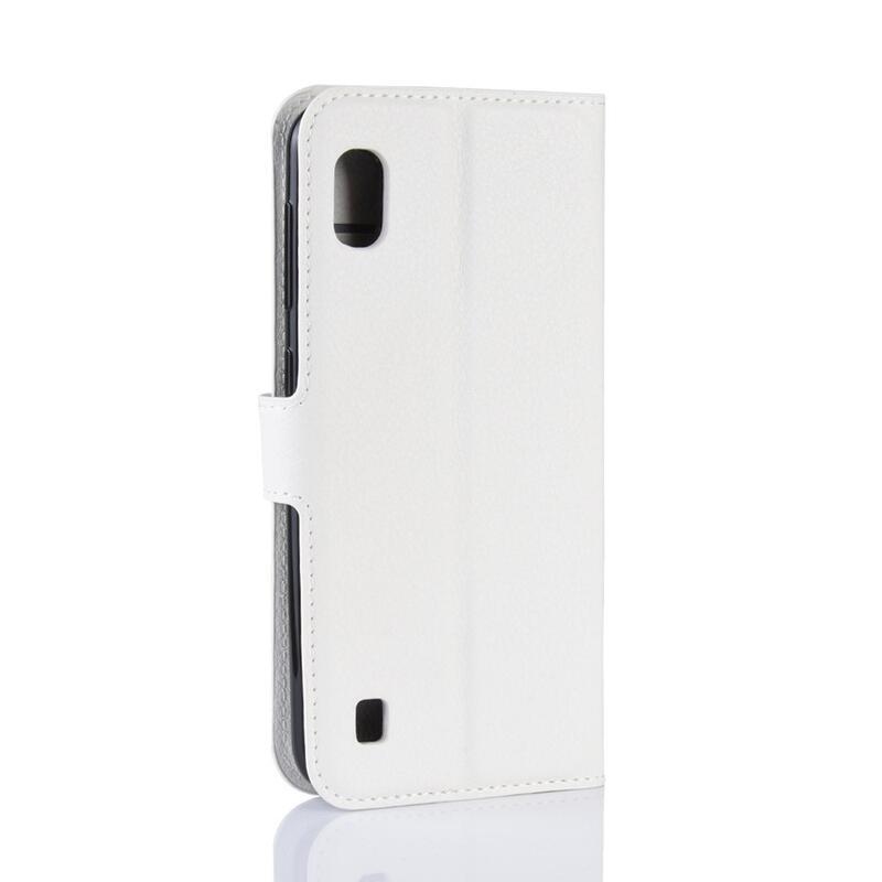 Litchi PU kožené peněženkové pouzdro pro mobilní telefon Samsung Galaxy A10 - bílé