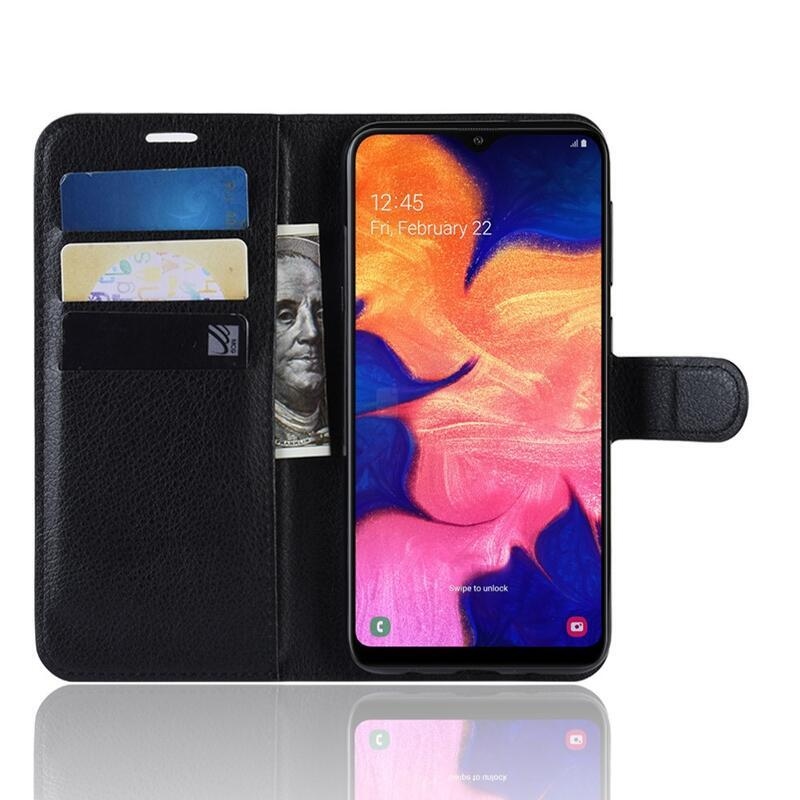 Litchi PU kožené peněženkové pouzdro pro mobilní telefon Samsung Galaxy A10 - černé