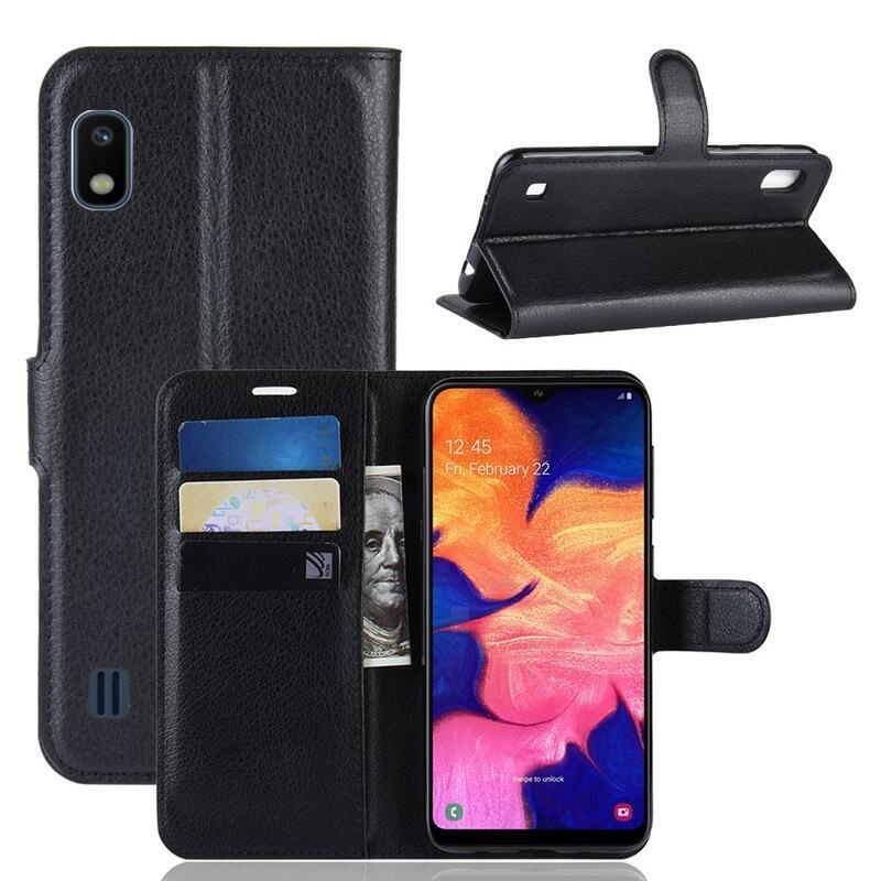 Litchi PU kožené peněženkové pouzdro pro mobilní telefon Samsung Galaxy A10 - černé