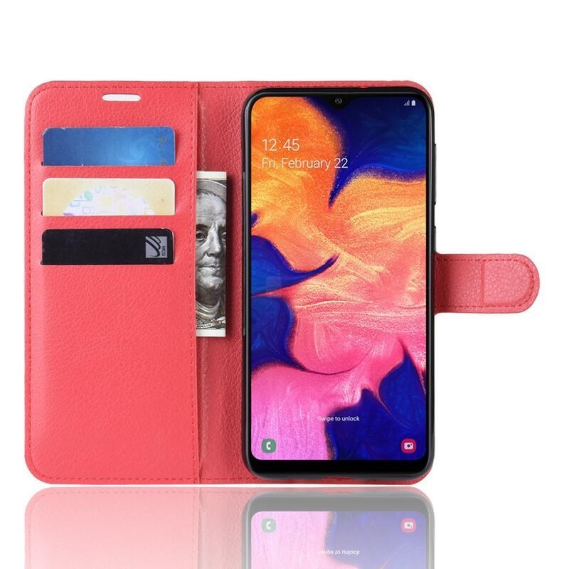 Litchi PU kožené peněženkové pouzdro pro mobilní telefon Samsung Galaxy A10 - červené