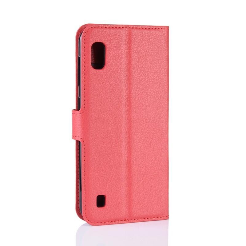 Litchi PU kožené peněženkové pouzdro pro mobilní telefon Samsung Galaxy A10 - červené