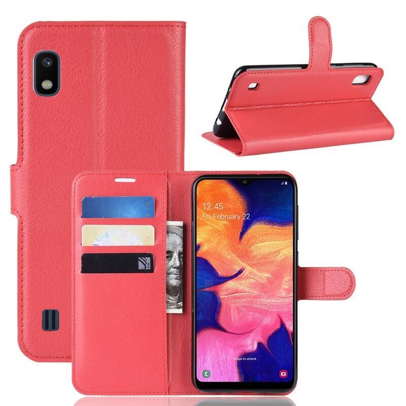 Litchi PU kožené peněženkové pouzdro pro mobilní telefon Samsung Galaxy A10 - červené