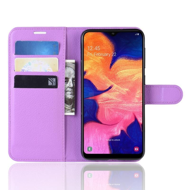 Litchi PU kožené peněženkové pouzdro pro mobilní telefon Samsung Galaxy A10 - fialové