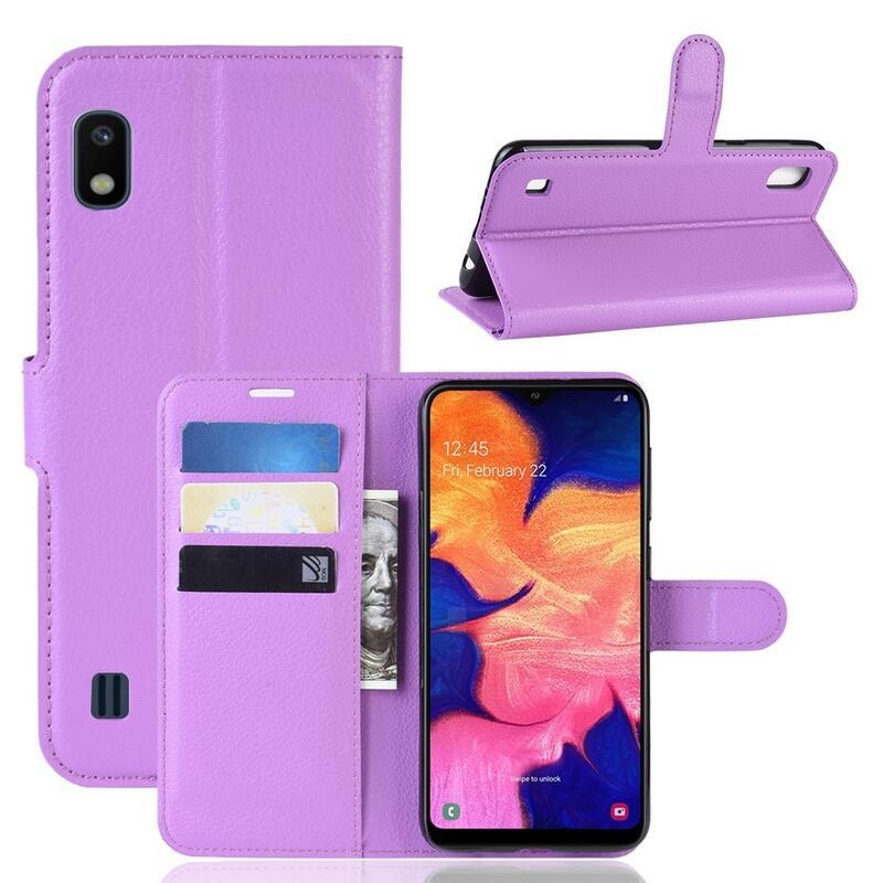 Litchi PU kožené peněženkové pouzdro pro mobilní telefon Samsung Galaxy A10 - fialové