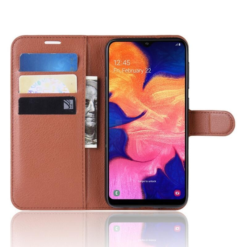 Litchi PU kožené peněženkové pouzdro pro mobilní telefon Samsung Galaxy A10 - hnědé