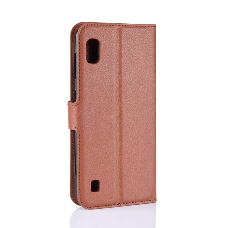 Litchi PU kožené peněženkové pouzdro pro mobilní telefon Samsung Galaxy A10 - hnědé