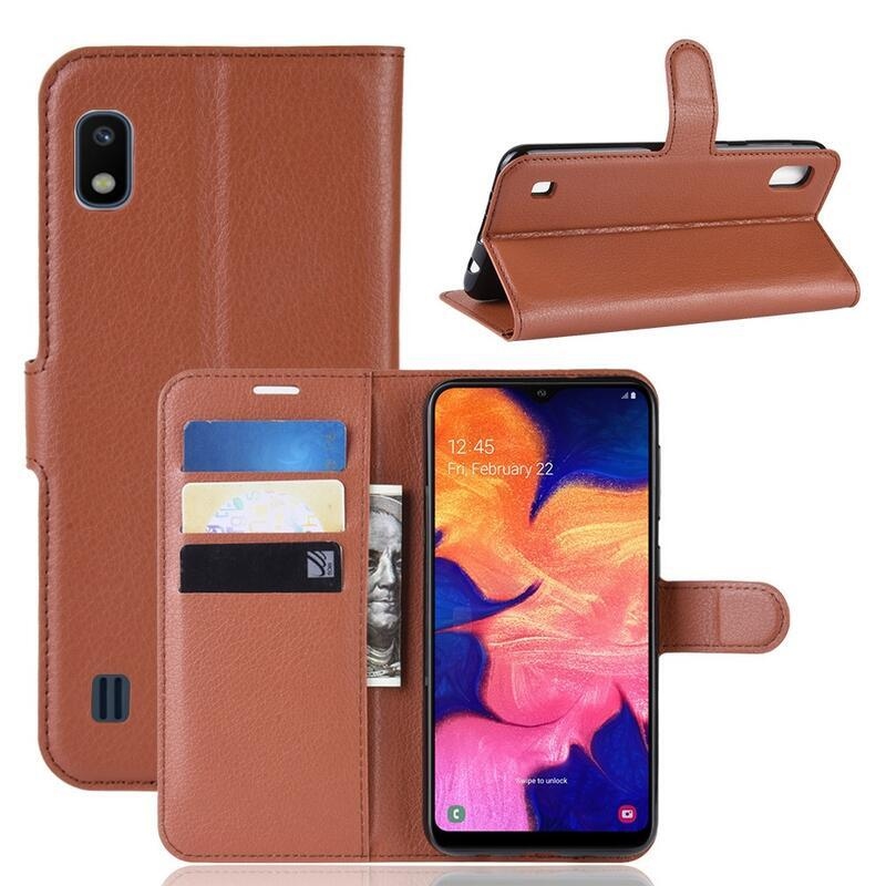 Litchi PU kožené peněženkové pouzdro pro mobilní telefon Samsung Galaxy A10 - hnědé