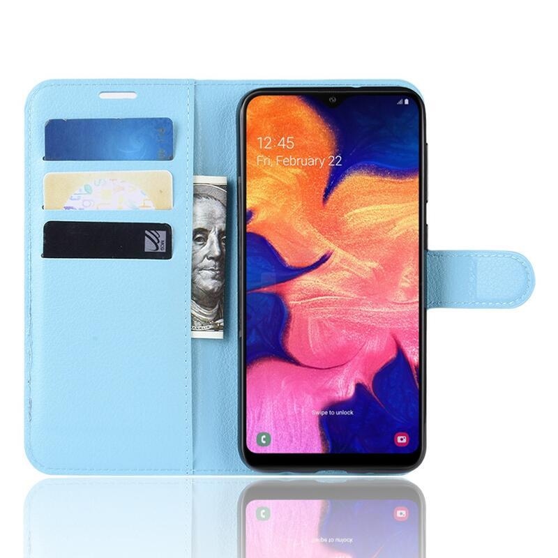 Litchi PU kožené peněženkové pouzdro pro mobilní telefon Samsung Galaxy A10 - modré