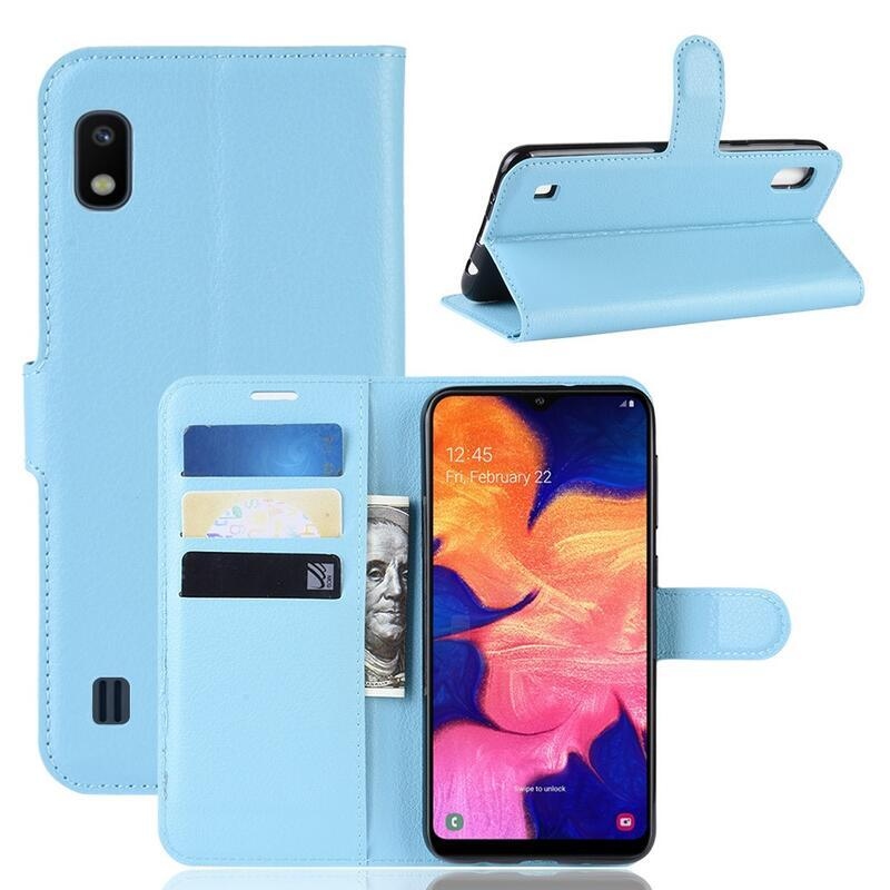 Litchi PU kožené peněženkové pouzdro pro mobilní telefon Samsung Galaxy A10 - modré