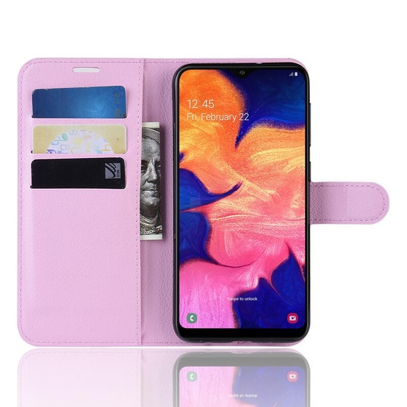 Litchi PU kožené peněženkové pouzdro pro mobilní telefon Samsung Galaxy A10 - růžové