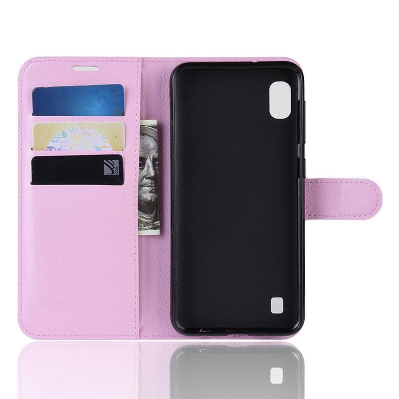 Litchi PU kožené peněženkové pouzdro pro mobilní telefon Samsung Galaxy A10 - růžové