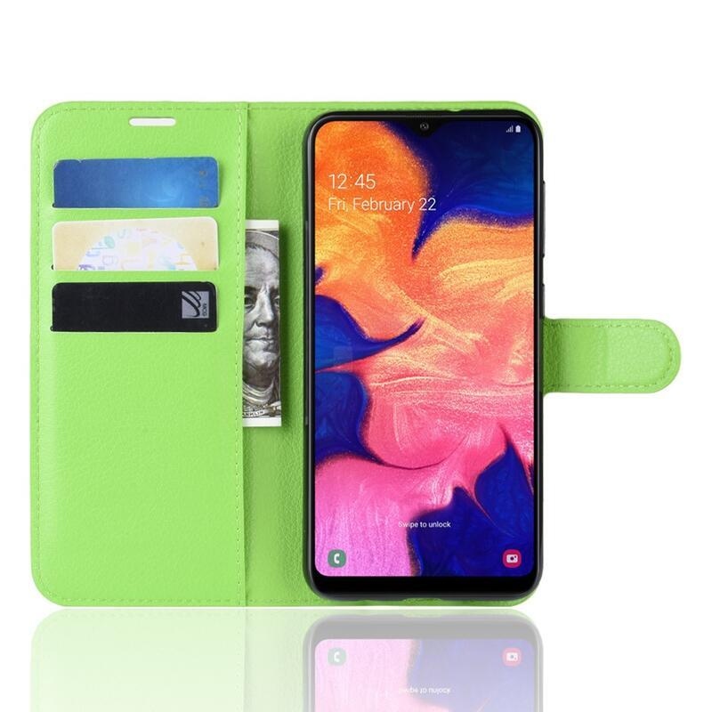 Litchi PU kožené peněženkové pouzdro pro mobilní telefon Samsung Galaxy A10 - zelené