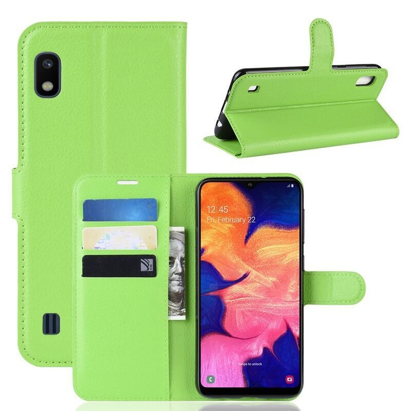 Litchi PU kožené peněženkové pouzdro pro mobilní telefon Samsung Galaxy A10 - zelené