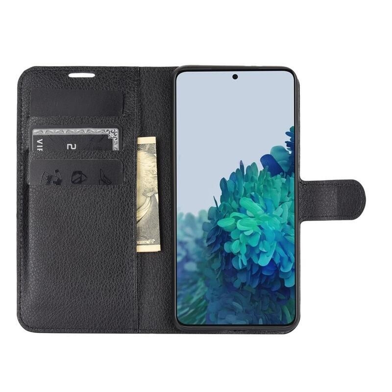 Litchi PU kožené peněženkové pouzdro pro mobilní telefon Samsung Galaxy S21 - černé