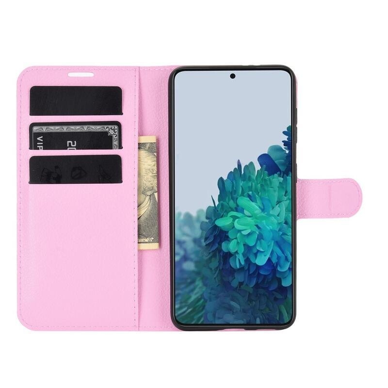 Litchi PU kožené peněženkové pouzdro pro mobilní telefon Samsung Galaxy S21 - růžové