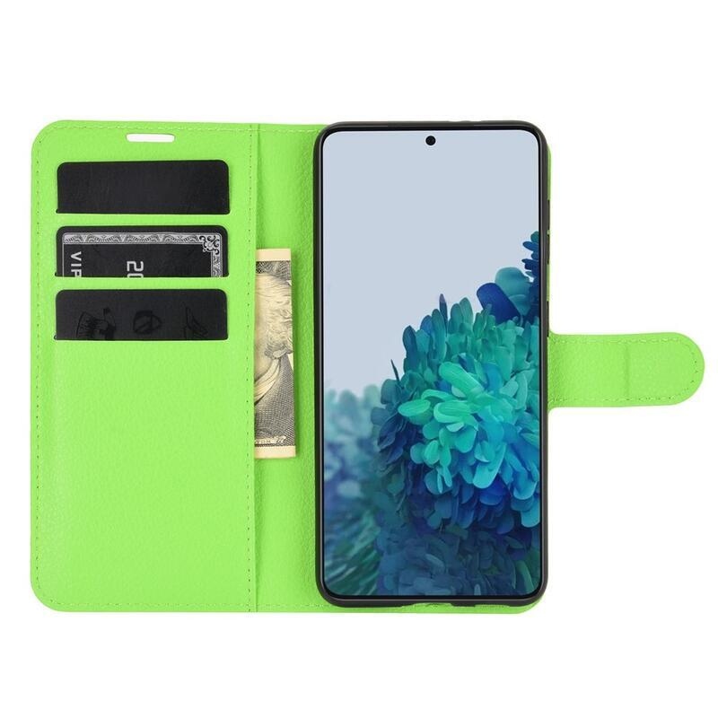 Litchi PU kožené peněženkové pouzdro pro mobilní telefon Samsung Galaxy S21 - zelené