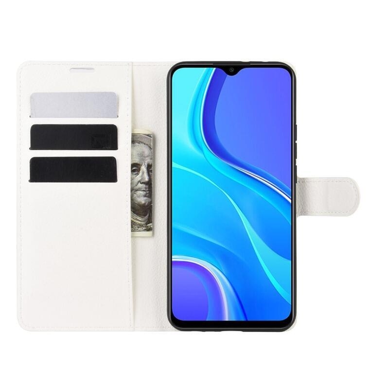 Litchi PU kožené peněženkové pouzdro pro mobilní telefon Xiaomi Redmi 9 - bílé
