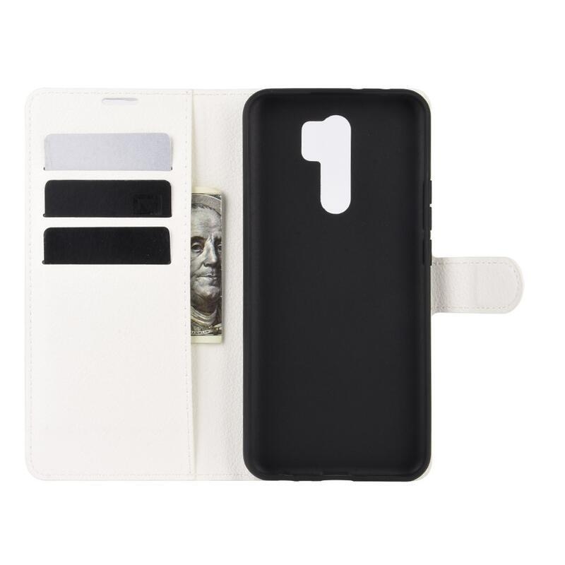 Litchi PU kožené peněženkové pouzdro pro mobilní telefon Xiaomi Redmi 9 - bílé