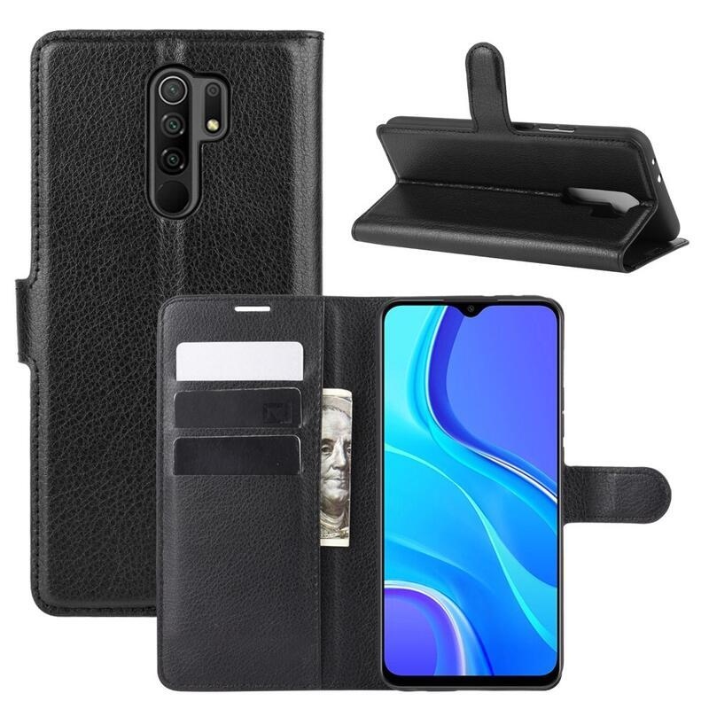 Litchi PU kožené peněženkové pouzdro pro mobilní telefon Xiaomi Redmi 9 - černé