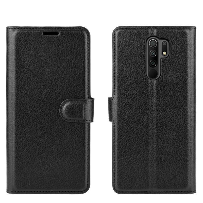 Litchi PU kožené peněženkové pouzdro pro mobilní telefon Xiaomi Redmi 9 - černé