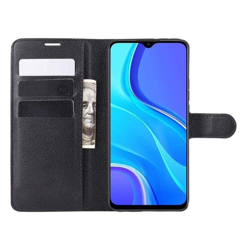 Litchi PU kožené peněženkové pouzdro pro mobilní telefon Xiaomi Redmi 9 - černé