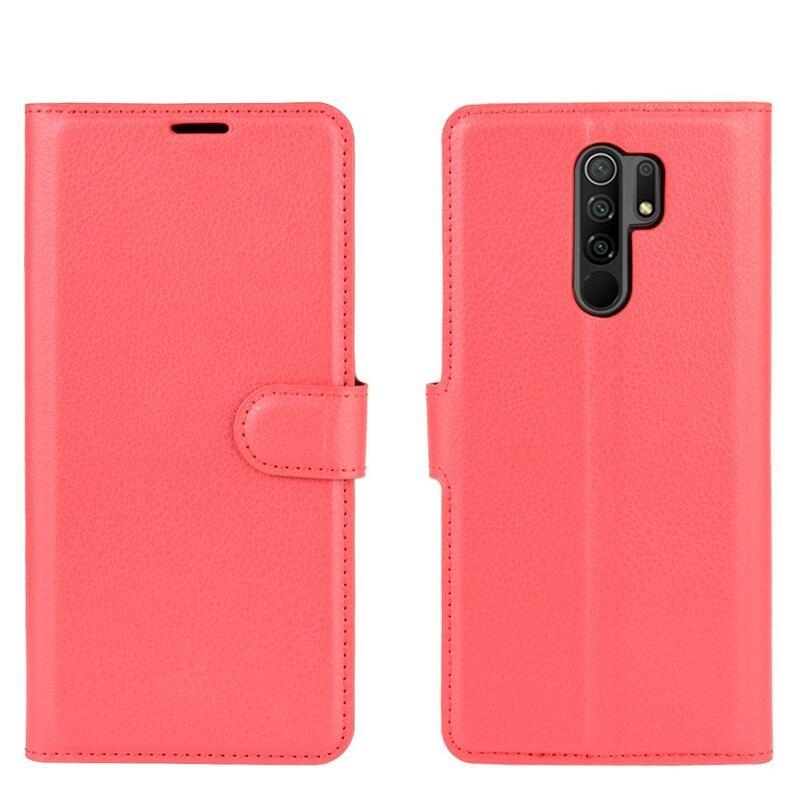 Litchi PU kožené peněženkové pouzdro pro mobilní telefon Xiaomi Redmi 9 - červené