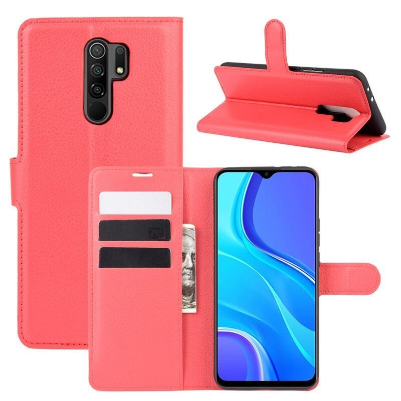 Litchi PU kožené peněženkové pouzdro pro mobilní telefon Xiaomi Redmi 9 - červené