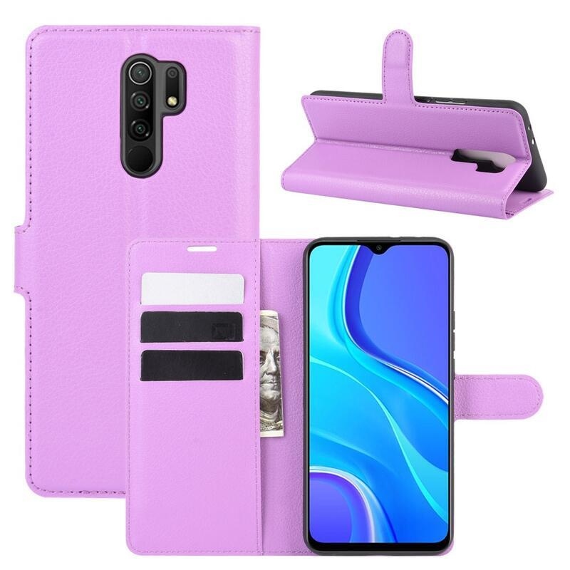 Litchi PU kožené peněženkové pouzdro pro mobilní telefon Xiaomi Redmi 9 - fialové