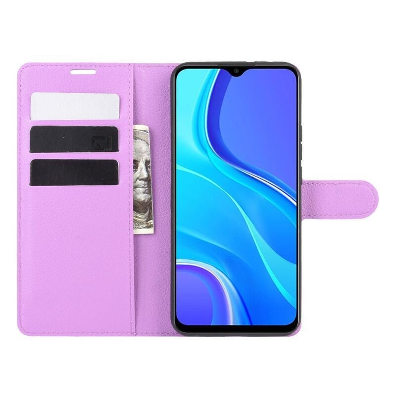 Litchi PU kožené peněženkové pouzdro pro mobilní telefon Xiaomi Redmi 9 - fialové