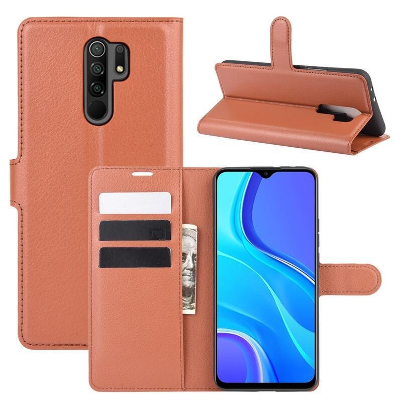 Litchi PU kožené peněženkové pouzdro pro mobilní telefon Xiaomi Redmi 9 - hnědé