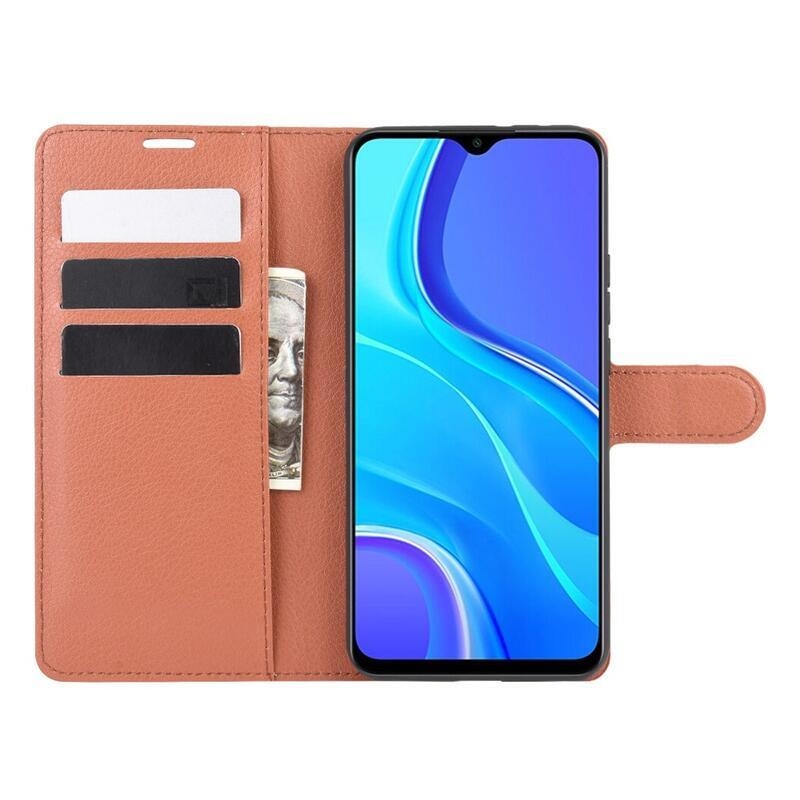 Litchi PU kožené peněženkové pouzdro pro mobilní telefon Xiaomi Redmi 9 - hnědé