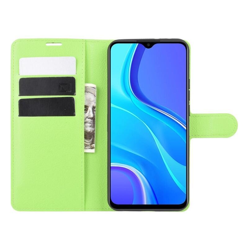Litchi PU kožené peněženkové pouzdro pro mobilní telefon Xiaomi Redmi 9 - zelené