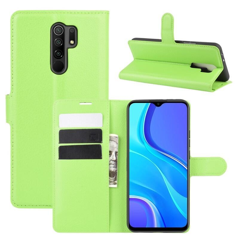 Litchi PU kožené peněženkové pouzdro pro mobilní telefon Xiaomi Redmi 9 - zelené