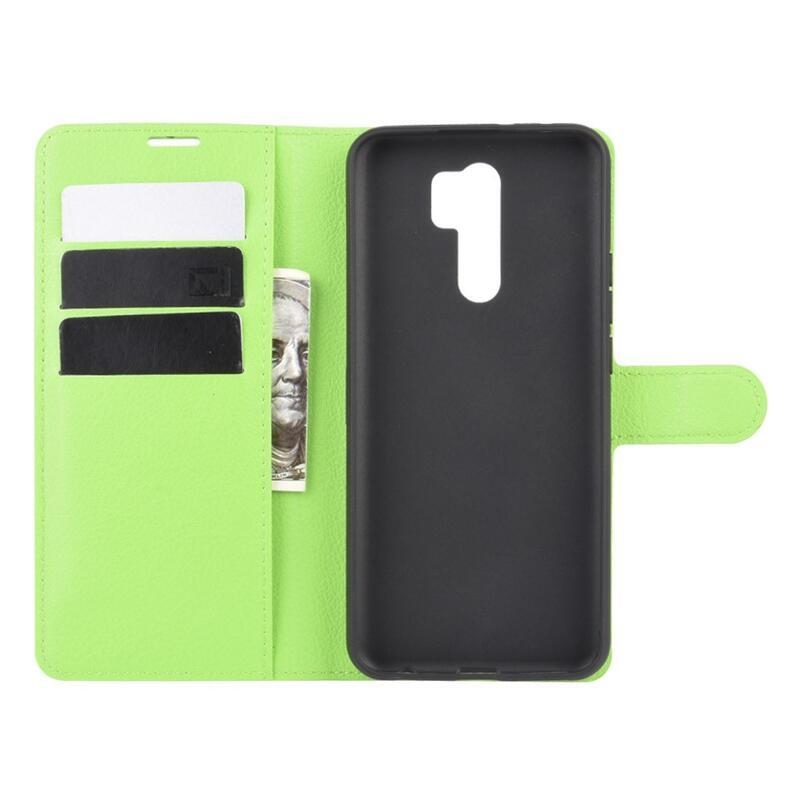 Litchi PU kožené peněženkové pouzdro pro mobilní telefon Xiaomi Redmi 9 - zelené